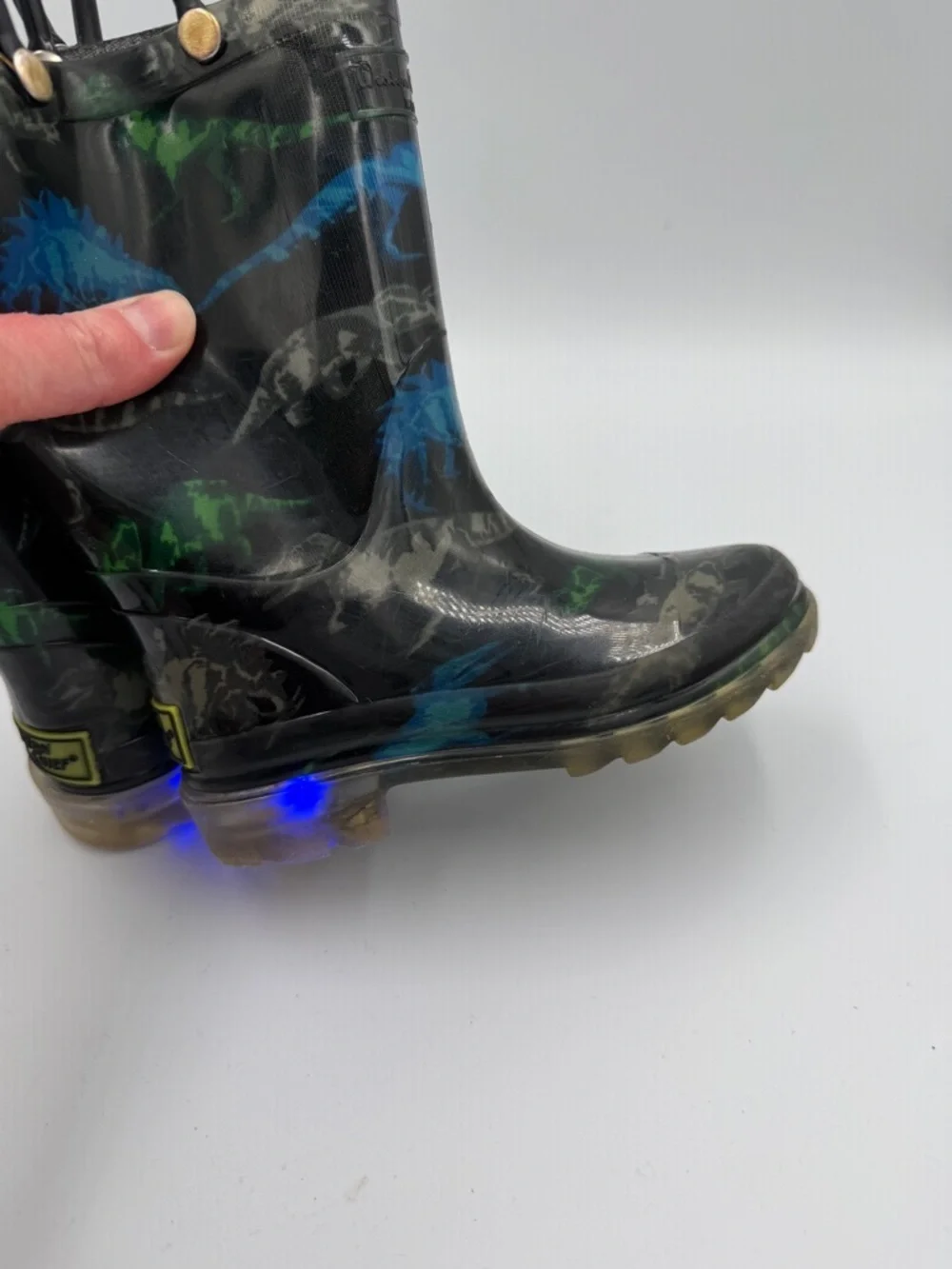 Western Chief Toddler Boy 8 Black Rain Boots Blue & Green Dinosaurs Handles